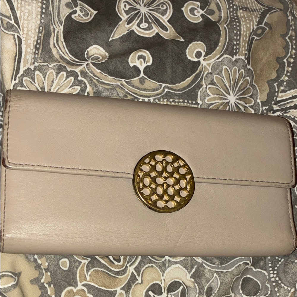 Coach Taupe Leather Continental Wallet with Gold Medallion